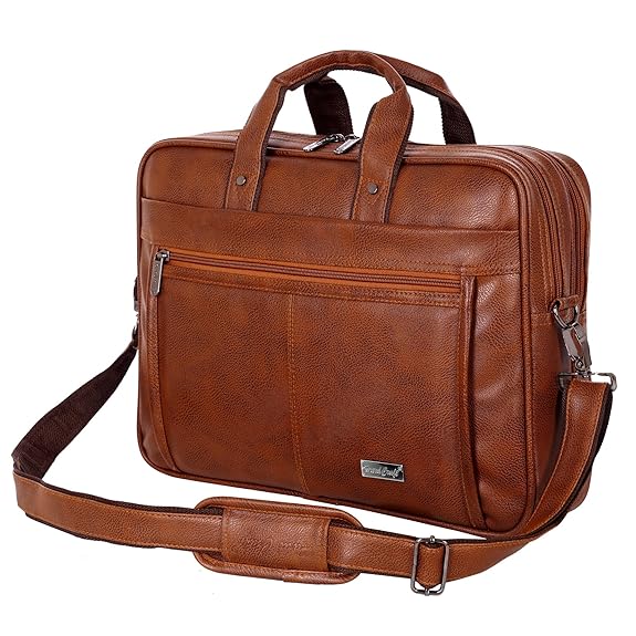 A tan PU leather office-style messenger bag with top handles, shoulder strap, and multiple zip compartments — the kind of bag a home visit doctor should carry.